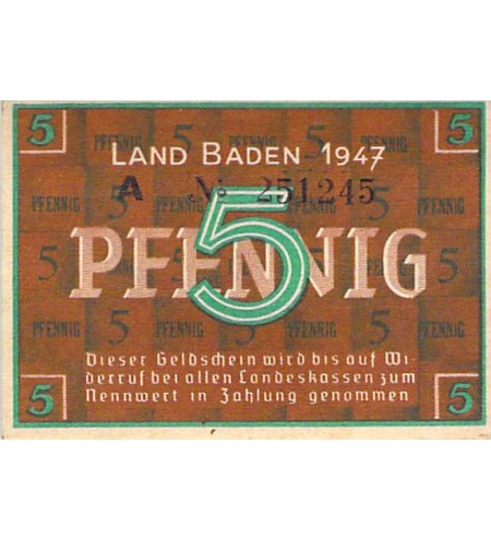 ALLEMAGNE, BADE, OCCUPATION FRANCAISE - 5 PFENNIG 1947