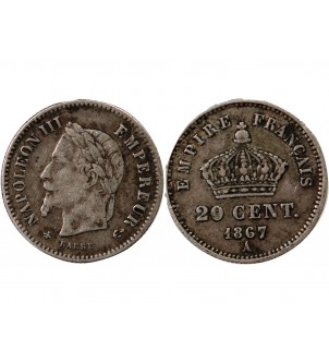 NAPOLEON III, TÊTE LAURÉE - 20 CENTIMES ARGENT 1867 / 1868