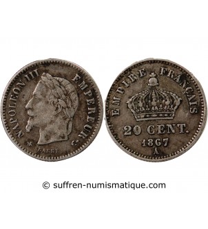 NAPOLEON III, TÊTE LAURÉE - 20 CENTIMES ARGENT 1867 / 1868 2