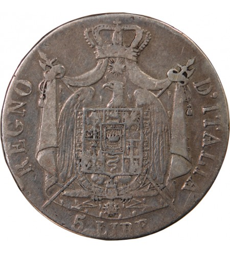 ITALIE, NAPOLEON 1er - 5 LIRE ARGENT 1809 BOLOGNE