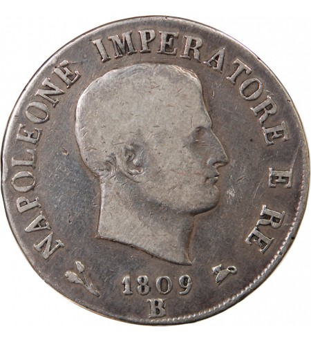 ITALIE, NAPOLEON 1er - 5 LIRE ARGENT 1809 BOLOGNE