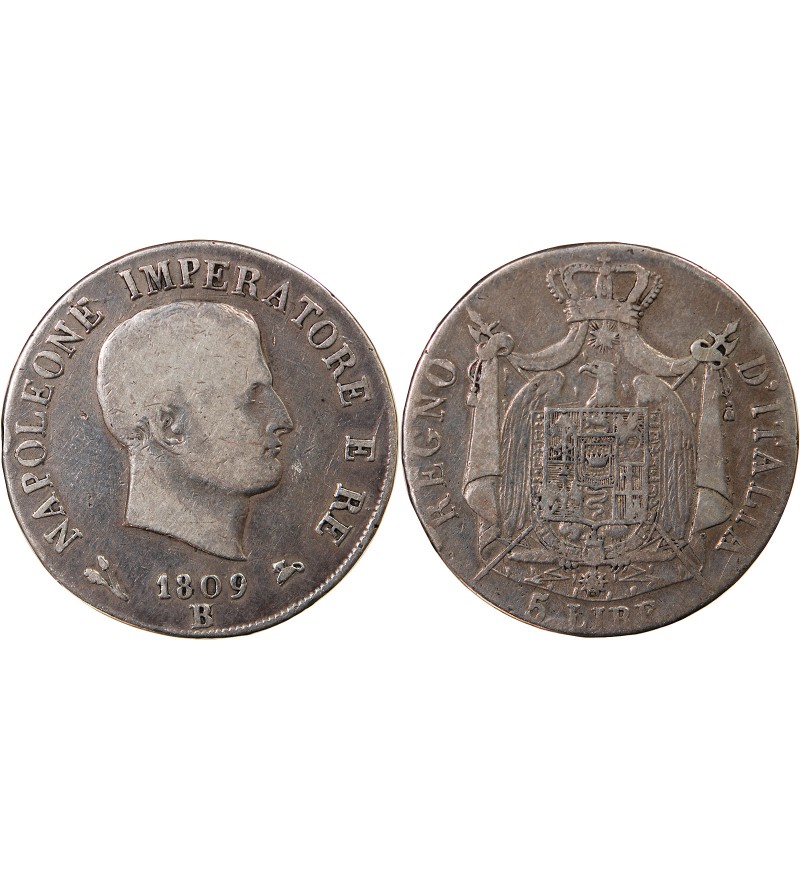 ITALIE, NAPOLEON 1er - 5 LIRE ARGENT 1809 BOLOGNE