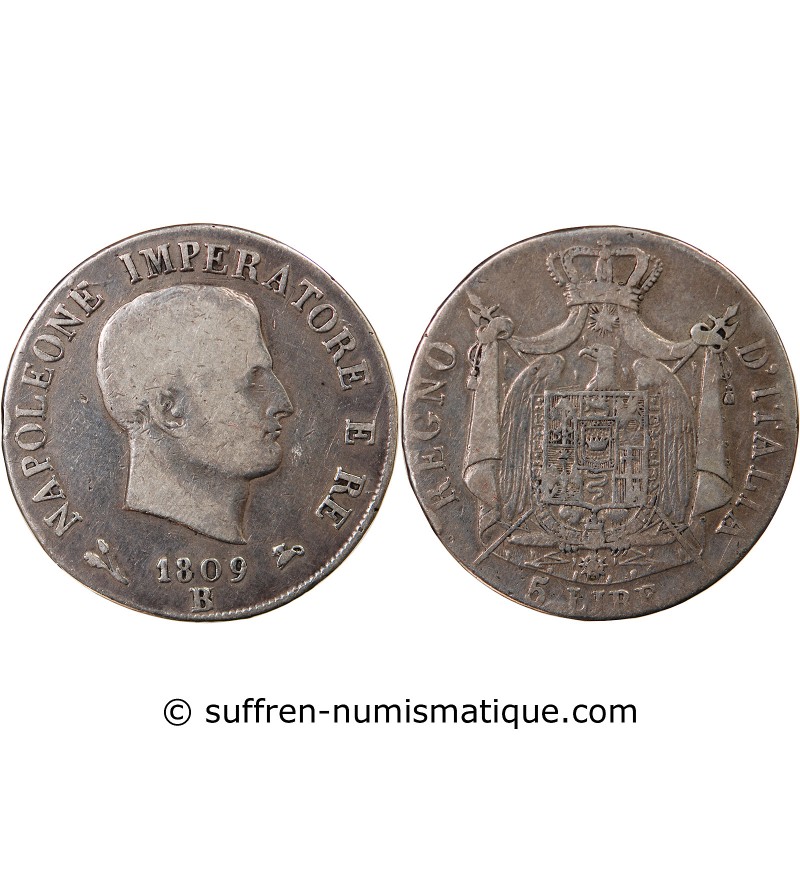 ITALIE, NAPOLEON 1er - 5 LIRE ARGENT 1809 BOLOGNE