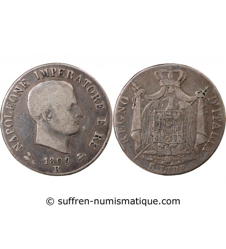 ITALIE, NAPOLEON 1er - 5 LIRE ARGENT 1809 BOLOGNE