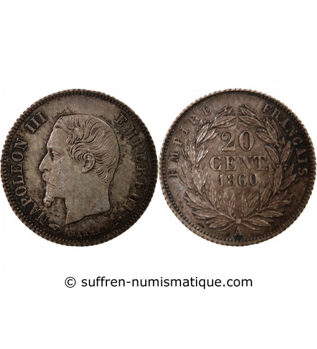 NAPOLEON III, TÊTE NUE - 20 CENTIMES ARGENT 1860 A PARIS