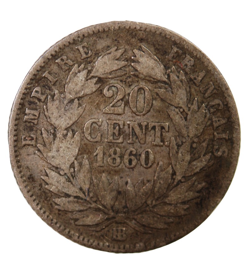 NAPOLEON III, TÊTE NUE - 20 CENTIMES ARGENT 1860 BB STRASBOURG