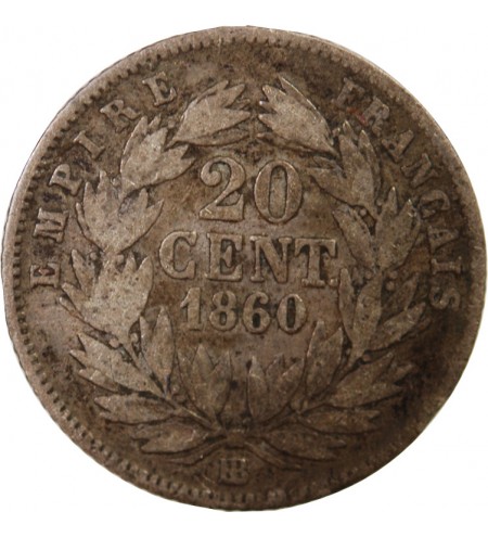 NAPOLEON III, TÊTE NUE - 20 CENTIMES ARGENT 1860 BB STRASBOURG