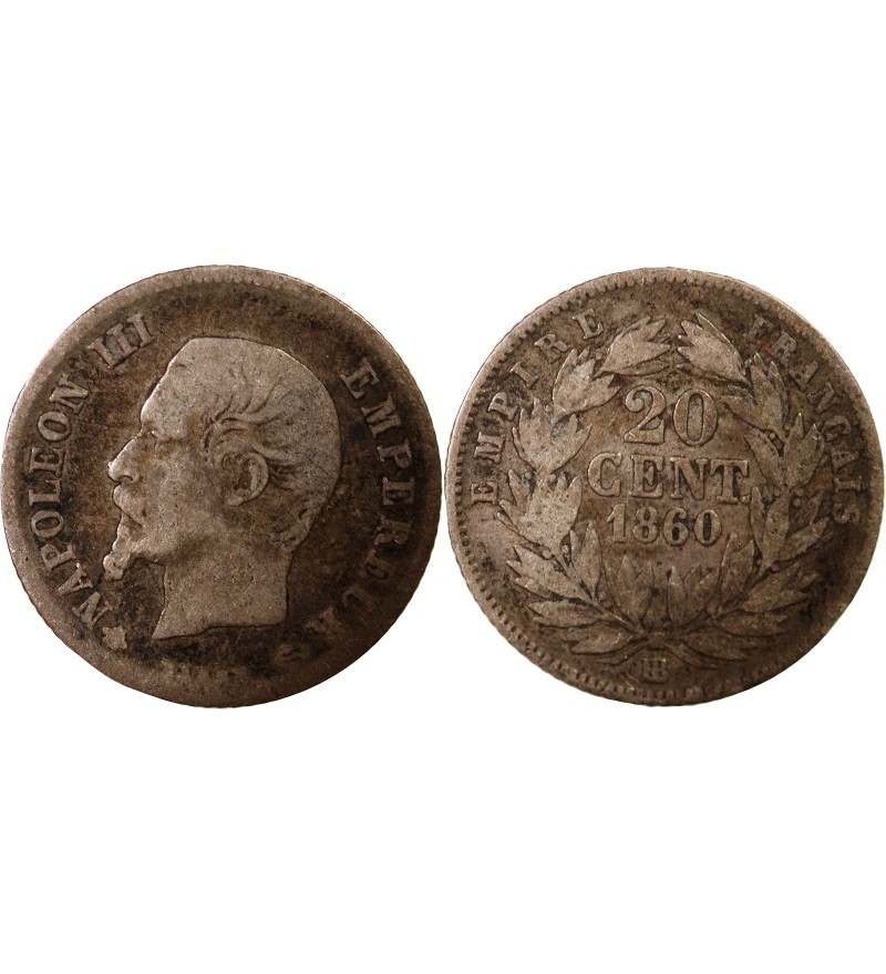 NAPOLEON III, TÊTE NUE - 20 CENTIMES ARGENT 1860 BB STRASBOURG