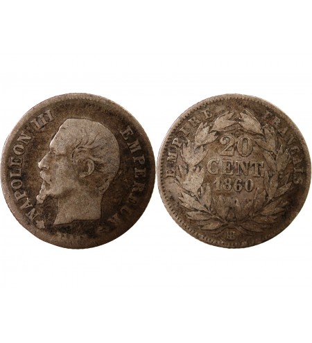 NAPOLEON III, TÊTE NUE - 20 CENTIMES ARGENT 1860 BB STRASBOURG