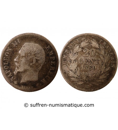 NAPOLEON III, TÊTE NUE - 20 CENTIMES ARGENT 1860 BB STRASBOURG