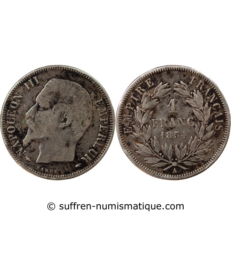 NAPOLEON III, TÊTE NUE - 1 FRANC ARGENT 1854 A PARIS