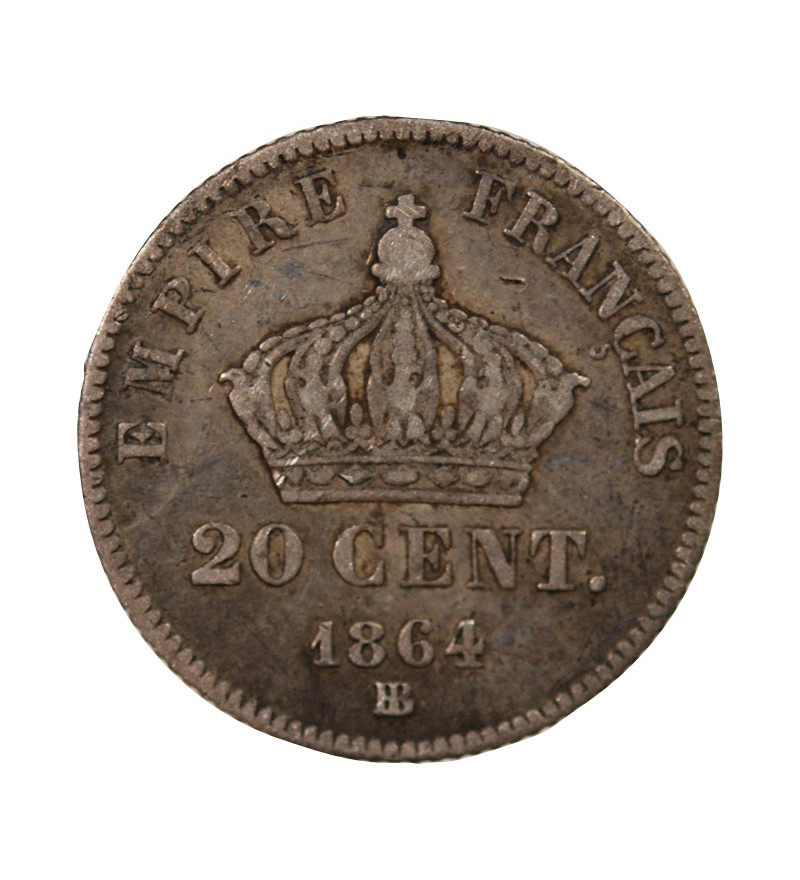 NAPOLEON III, TÊTE LAURÉE - 20 CENTIMES ARGENT 1864 BB STRASBOURG