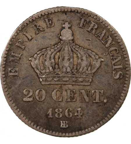 NAPOLEON III, TÊTE LAURÉE - 20 CENTIMES ARGENT 1864 BB STRASBOURG