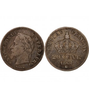 NAPOLEON III, TÊTE LAURÉE - 20 CENTIMES ARGENT 1864 BB STRASBOURG 2