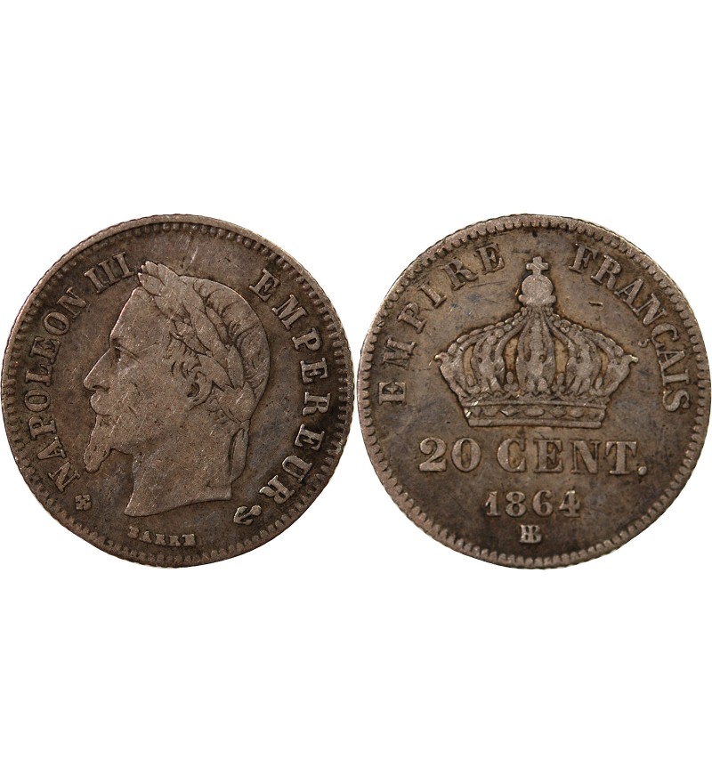NAPOLEON III, TÊTE LAURÉE - 20 CENTIMES ARGENT 1864 BB STRASBOURG