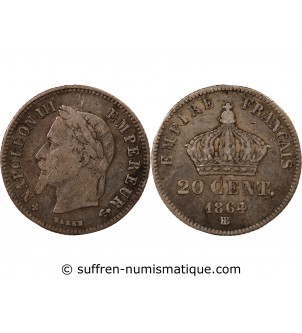 NAPOLEON III, TÊTE LAURÉE - 20 CENTIMES ARGENT 1864 BB STRASBOURG
