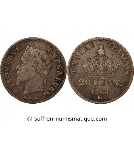 NAPOLEON III, TÊTE LAURÉE - 20 CENTIMES ARGENT 1864 BB STRASBOURG