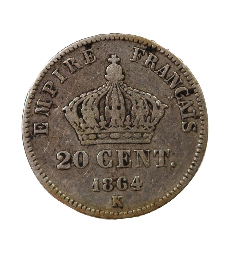 NAPOLEON III, TÊTE LAURÉE - 20 CENTIMES ARGENT 1864 K BORDEAUX