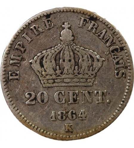 NAPOLEON III, TÊTE LAURÉE - 20 CENTIMES ARGENT 1864 K BORDEAUX