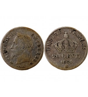 NAPOLEON III, TÊTE LAURÉE - 20 CENTIMES ARGENT 1864 K BORDEAUX 2