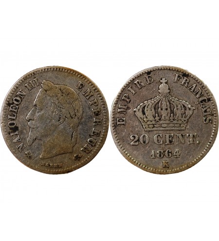 NAPOLEON III, TÊTE LAURÉE - 20 CENTIMES ARGENT 1864 K BORDEAUX