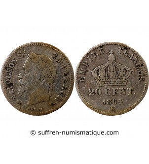 NAPOLEON III, TÊTE LAURÉE - 20 CENTIMES ARGENT 1864 K BORDEAUX