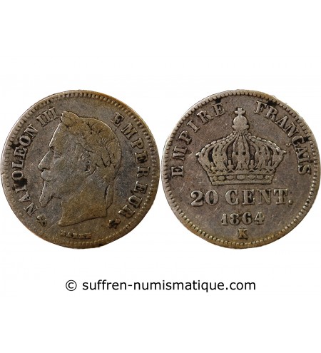 NAPOLEON III, TÊTE LAURÉE - 20 CENTIMES ARGENT 1864 K BORDEAUX