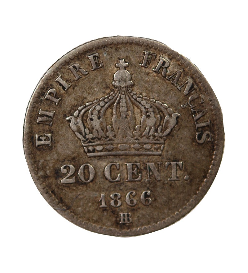 NAPOLEON III, TÊTE LAURÉE - 20 CENTIMES ARGENT 1866 BB STRASBOURG