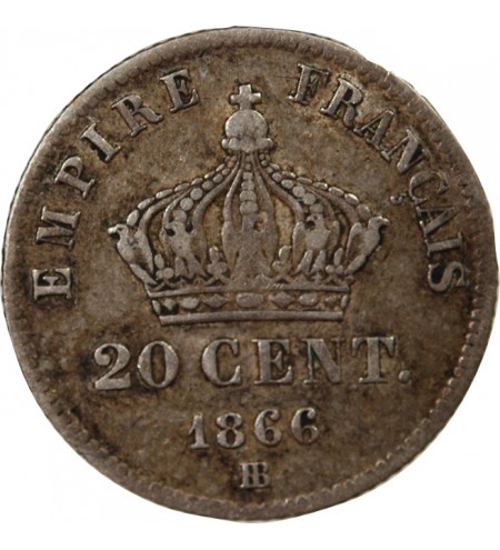 NAPOLEON III, TÊTE LAURÉE - 20 CENTIMES ARGENT 1866 BB STRASBOURG