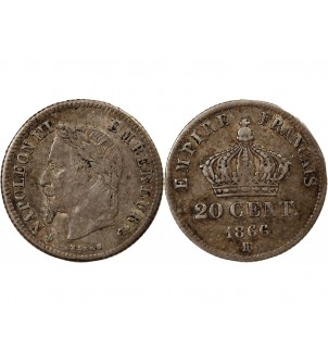 NAPOLEON III, TÊTE LAURÉE - 20 CENTIMES ARGENT 1866 BB STRASBOURG 2