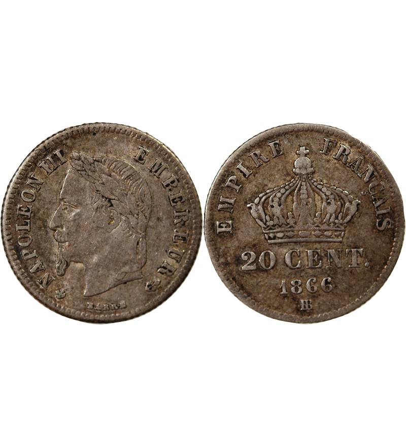 NAPOLEON III, TÊTE LAURÉE - 20 CENTIMES ARGENT 1866 BB STRASBOURG