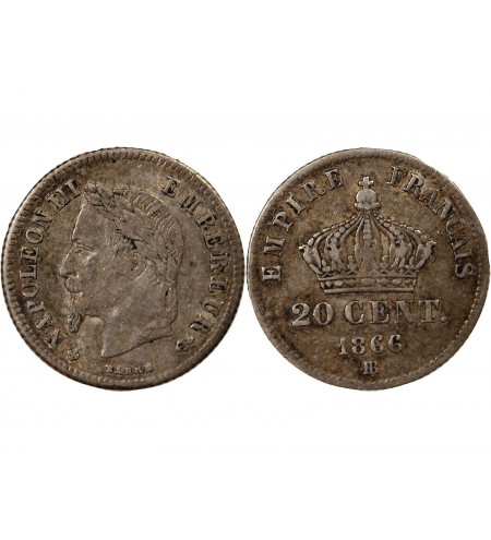 NAPOLEON III, TÊTE LAURÉE - 20 CENTIMES ARGENT 1866 BB STRASBOURG
