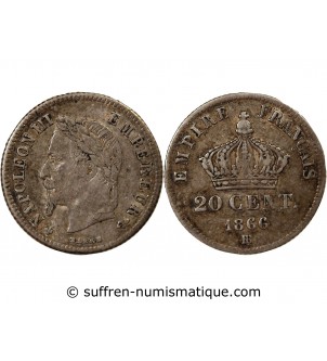 NAPOLEON III, TÊTE LAURÉE - 20 CENTIMES ARGENT 1866 BB STRASBOURG