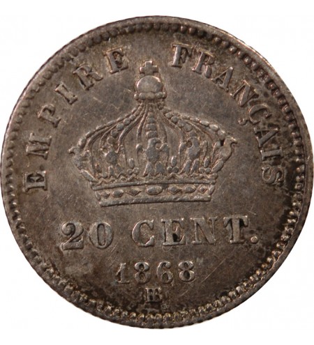 NAPOLEON III, TÊTE LAURÉE - 20 CENTIMES ARGENT 1868 BB STRASBOURG