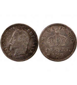 NAPOLEON III, TÊTE LAURÉE - 20 CENTIMES ARGENT 1868 BB STRASBOURG 2
