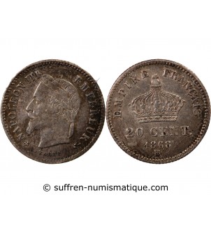 NAPOLEON III, TÊTE LAURÉE - 20 CENTIMES ARGENT 1868 BB STRASBOURG