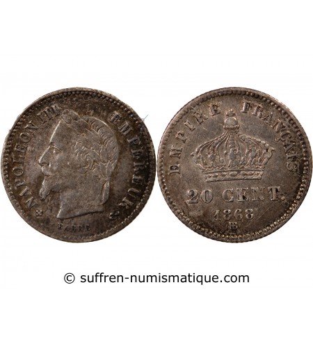 NAPOLEON III, TÊTE LAURÉE - 20 CENTIMES ARGENT 1868 BB STRASBOURG