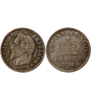 NAPOLEON III, TÊTE LAURÉE - 20 CENTIMES ARGENT 1868 A PARIS 2