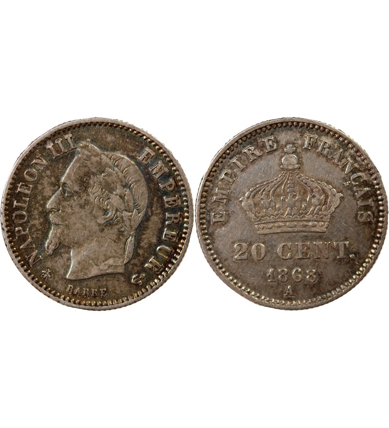 NAPOLEON III, TÊTE LAURÉE - 20 CENTIMES ARGENT 1868 A PARIS