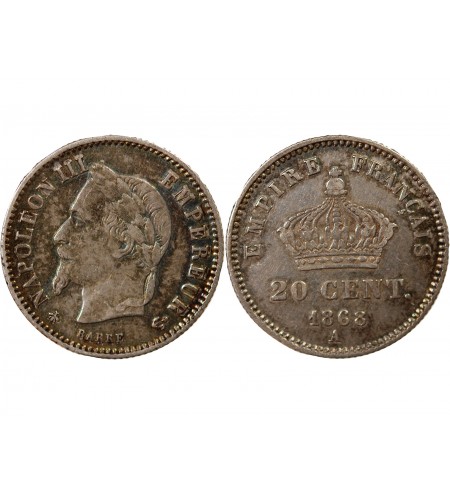 NAPOLEON III, TÊTE LAURÉE - 20 CENTIMES ARGENT 1868 A PARIS