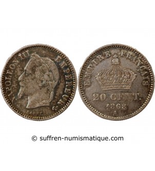 NAPOLEON III, TÊTE LAURÉE - 20 CENTIMES ARGENT 1868 A PARIS
