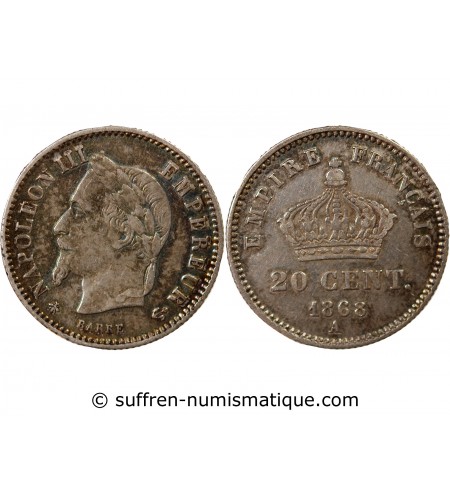 NAPOLEON III, TÊTE LAURÉE - 20 CENTIMES ARGENT 1868 A PARIS