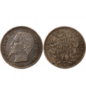 NAPOLEON III, TÊTE NUE - 50 CENTIMES ARGENT 1858 A PARIS 2