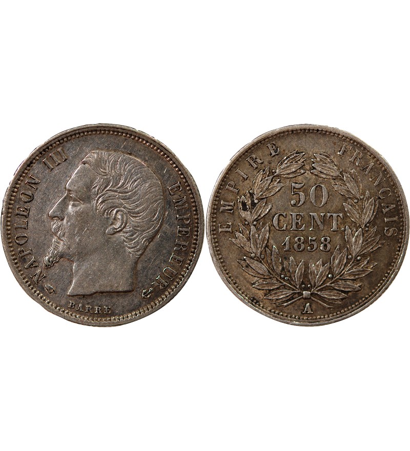 NAPOLEON III, TÊTE NUE - 50 CENTIMES ARGENT 1858 A PARIS