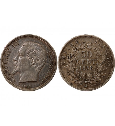 NAPOLEON III, TÊTE NUE - 50 CENTIMES ARGENT 1858 A PARIS