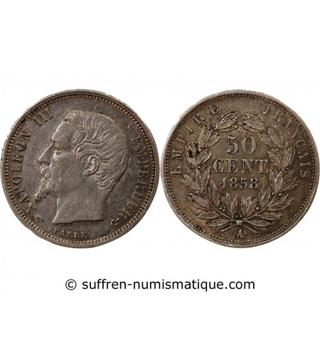 NAPOLEON III, TÊTE NUE - 50 CENTIMES ARGENT 1858 A PARIS