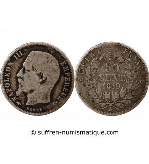 NAPOLEON III, TÊTE NUE - 50 CENTIMES ARGENT 1859 A PARIS