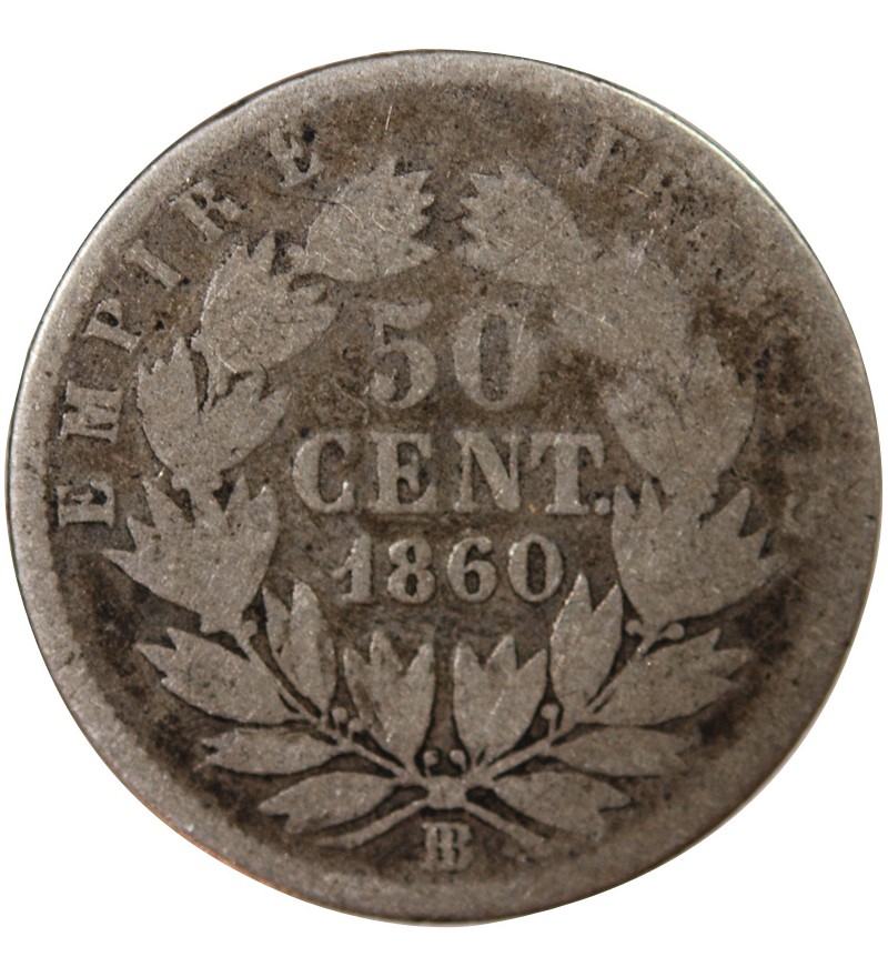 NAPOLEON III, TÊTE NUE - 50 CENTIMES ARGENT 1860 BB STRASBOURG - Croix tréflée