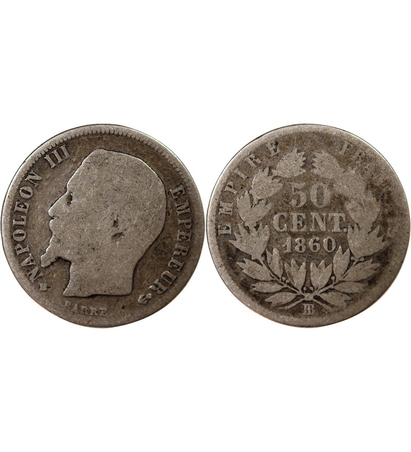 NAPOLEON III, TÊTE NUE - 50 CENTIMES ARGENT 1860 BB STRASBOURG - Croix tréflée