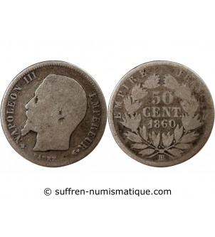 NAPOLEON III, TÊTE NUE - 50 CENTIMES ARGENT 1860 BB STRASBOURG - Croix tréflée